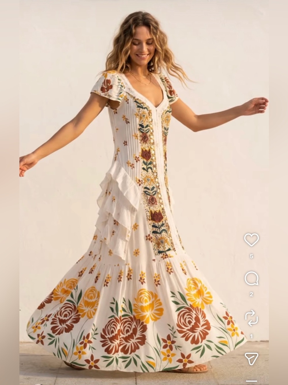 ibBan Bohemian White Floral Maxi Dress with Yellow & Brown Accents